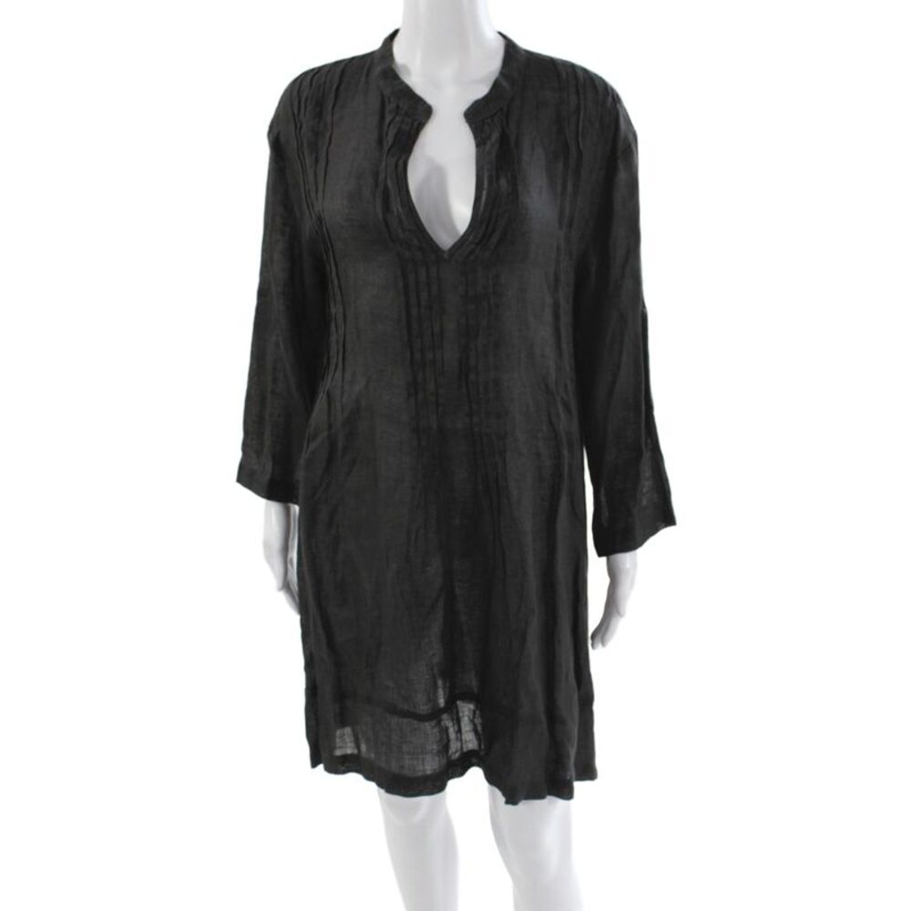 CP Shades Women Shift Linen V Neck Long Sleeve Black Mini Dress Size M